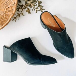American Eagle Women 11 Black Mules Block Heel Pointed Toe Faux Suede Shoes